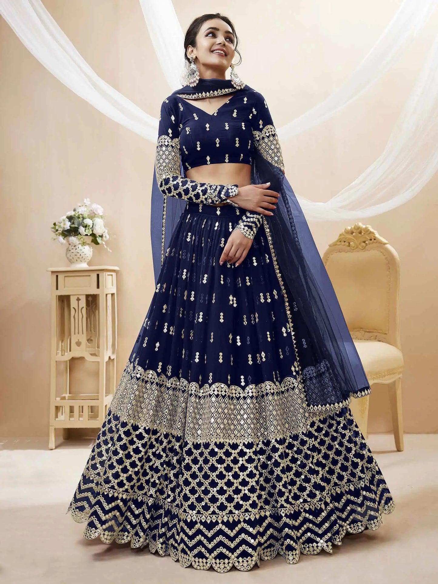 Navy Blue Lehenga choli With Sequence And Zari Embroidery Work With Soft Net dupatta