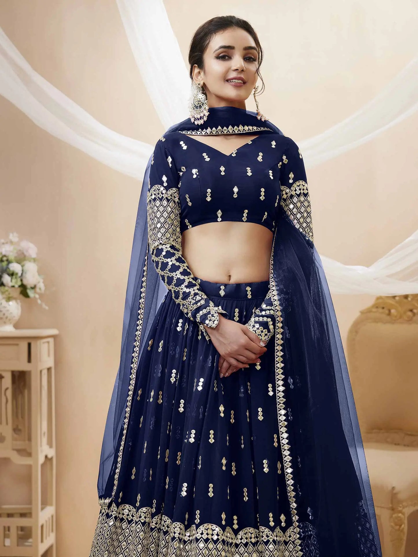 Navy Blue Lehenga choli With Sequence And Zari Embroidery Work With Soft Net dupatta