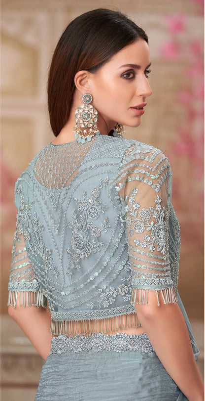 Sky Grey Georgette Party Wear jacket Saree With Sequence & Thread Embroidery Work
