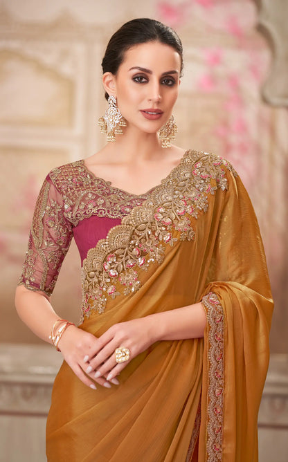 Rust Orange Chiffon Silk Party Wear Saree With Sequence & Thread Embroidery Work