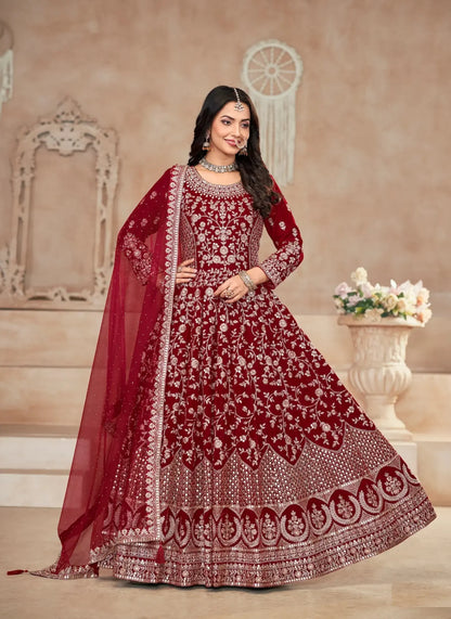 Red Velvet Thread & Sequence Embroidery Work Gown