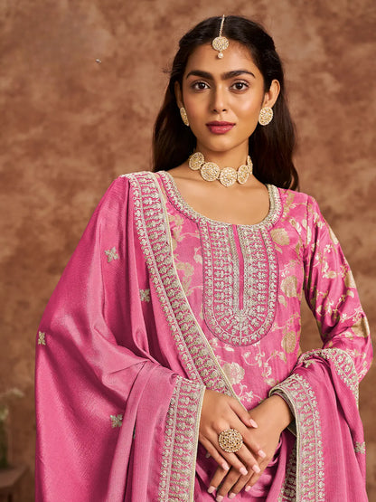 Pink Dola Silk Palazzo Salwar Suit With Thread & Sequins Embroidery Work