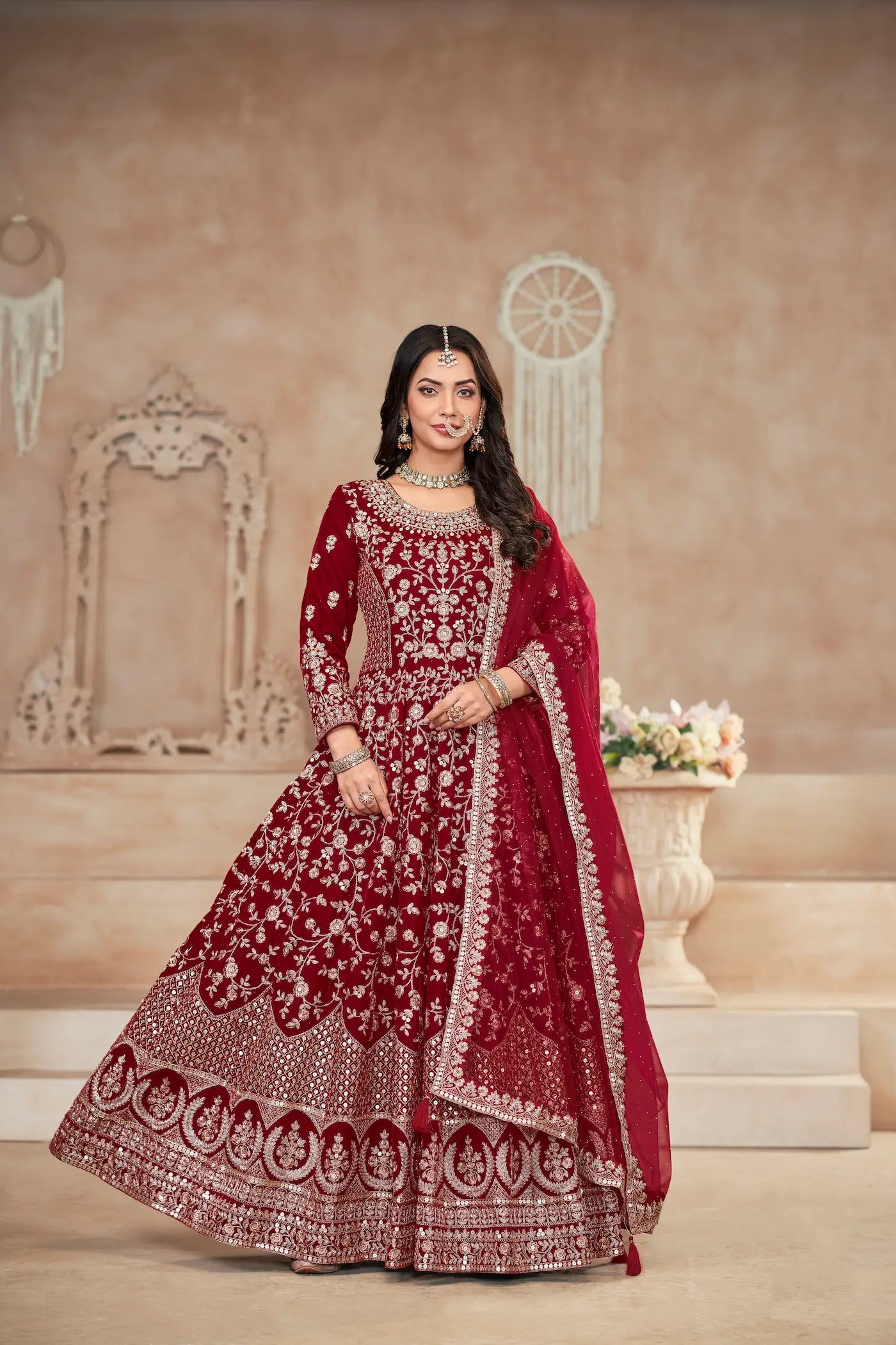 Red Velvet Thread & Sequence Embroidery Work Gown