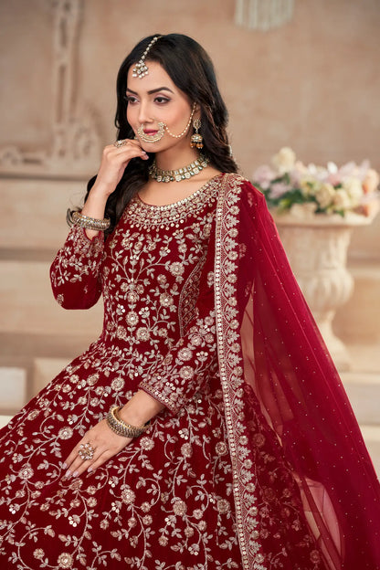 Red Velvet Thread & Sequence Embroidery Work Gown