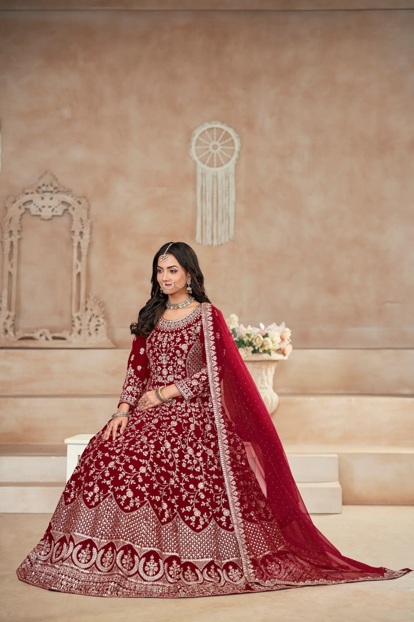 Red Velvet Thread & Sequence Embroidery Work Gown