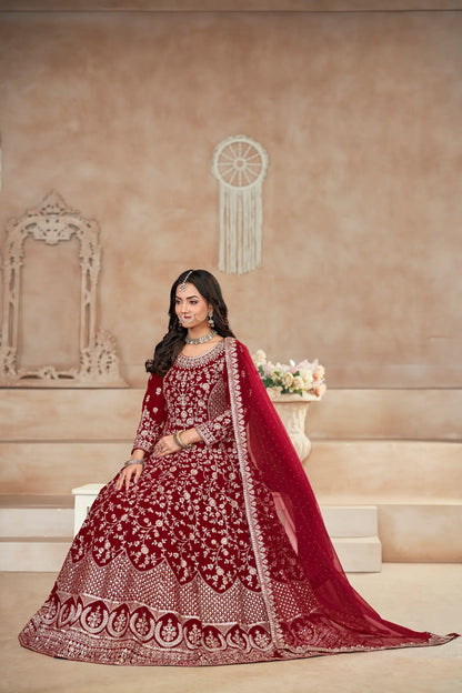 Red Velvet Thread & Sequence Embroidery Work Gown