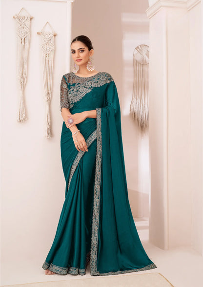 Teal Green Georgette Chiffon Party Wear Saree With Sequence & Thread Embroidery Work