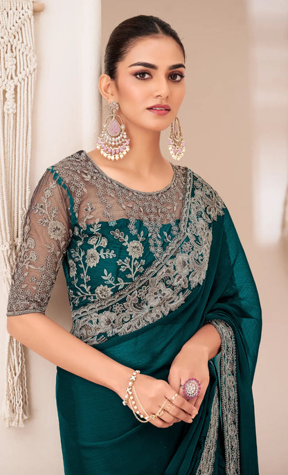 Teal Green Georgette Chiffon Party Wear Saree With Sequence & Thread Embroidery Work