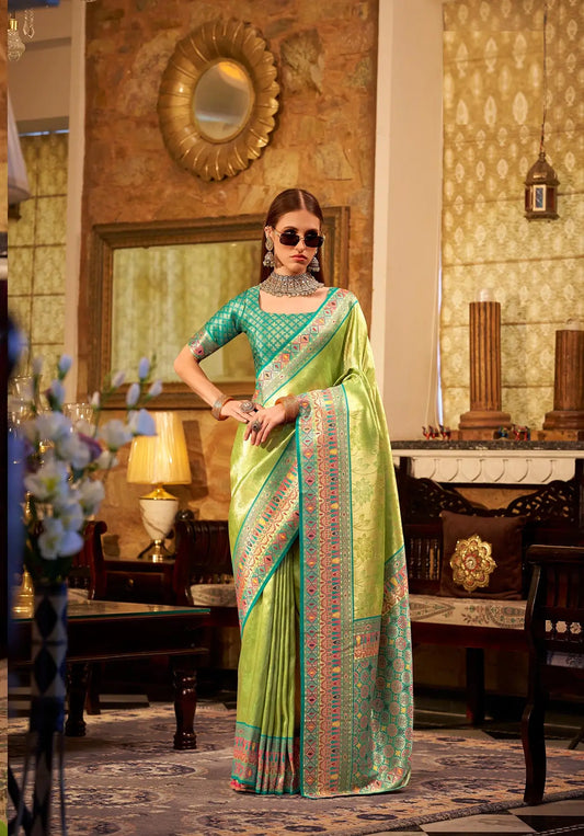 Green Tissue Silk Saree with Designer Contrast Border