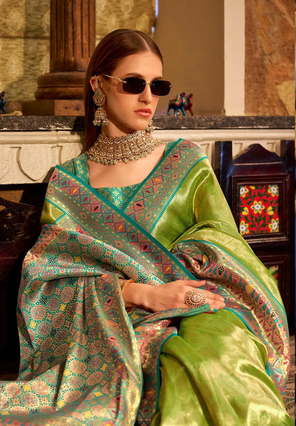 Green Tissue Silk Saree with Designer Contrast Border