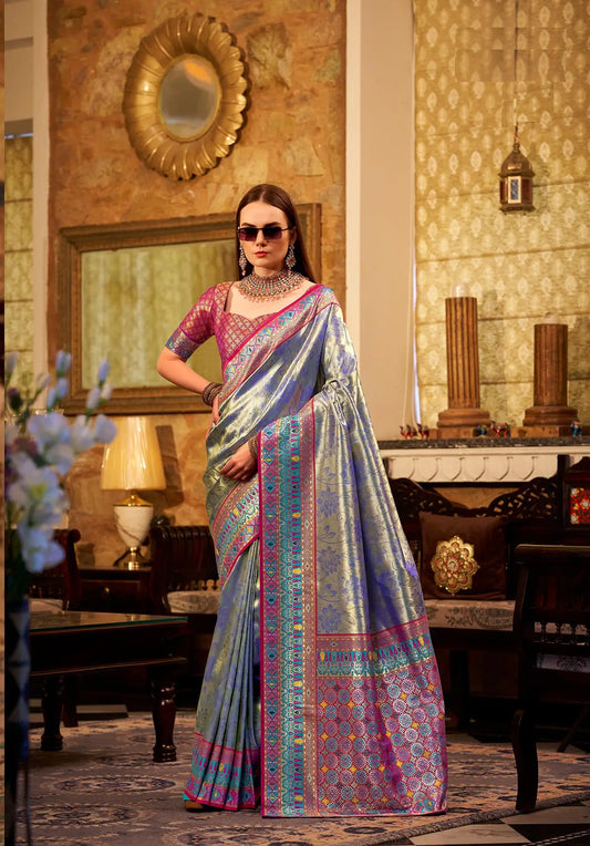 Blue Tissue Silk Saree with Designer Contrast Border