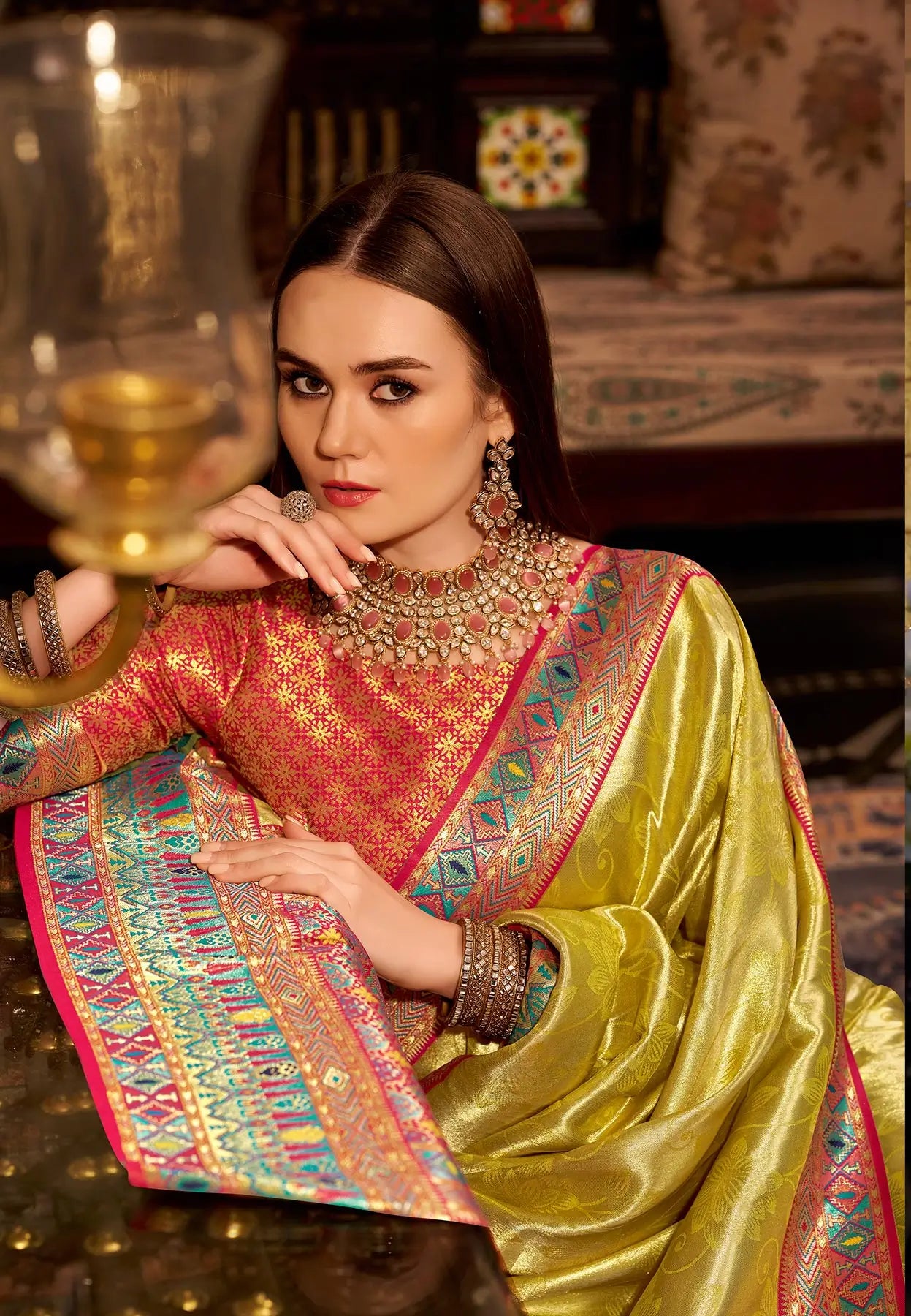 Yellow Tissue Silk Saree with Designer Contrast Border
