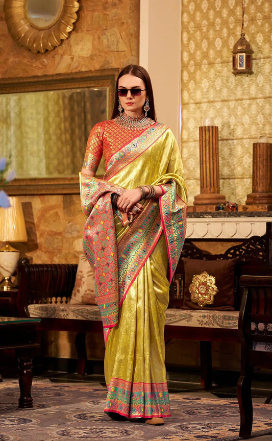 Yellow Tissue Silk Saree with Designer Contrast Border