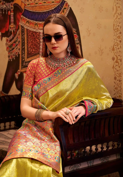 Yellow Tissue Silk Saree with Designer Contrast Border