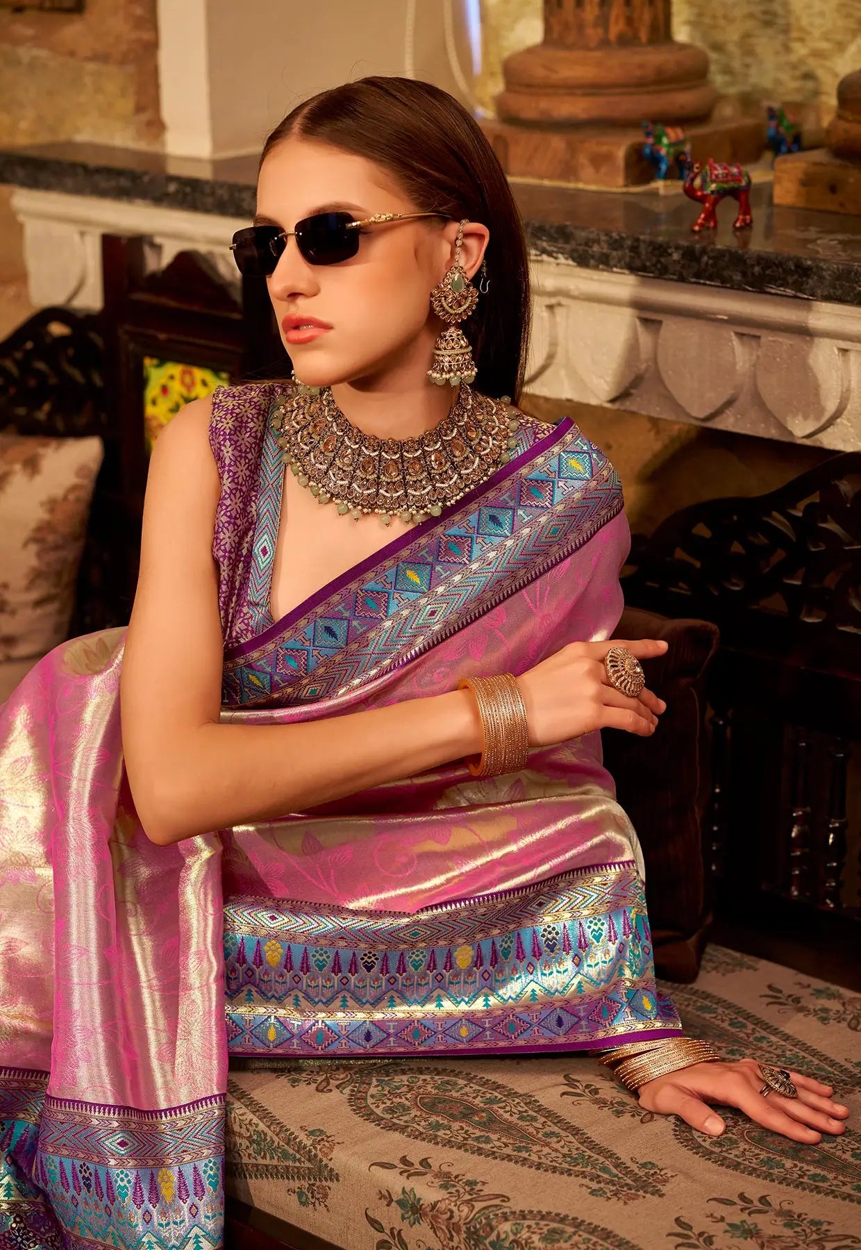 Pink Tissue Silk Saree with Designer Contrast Border