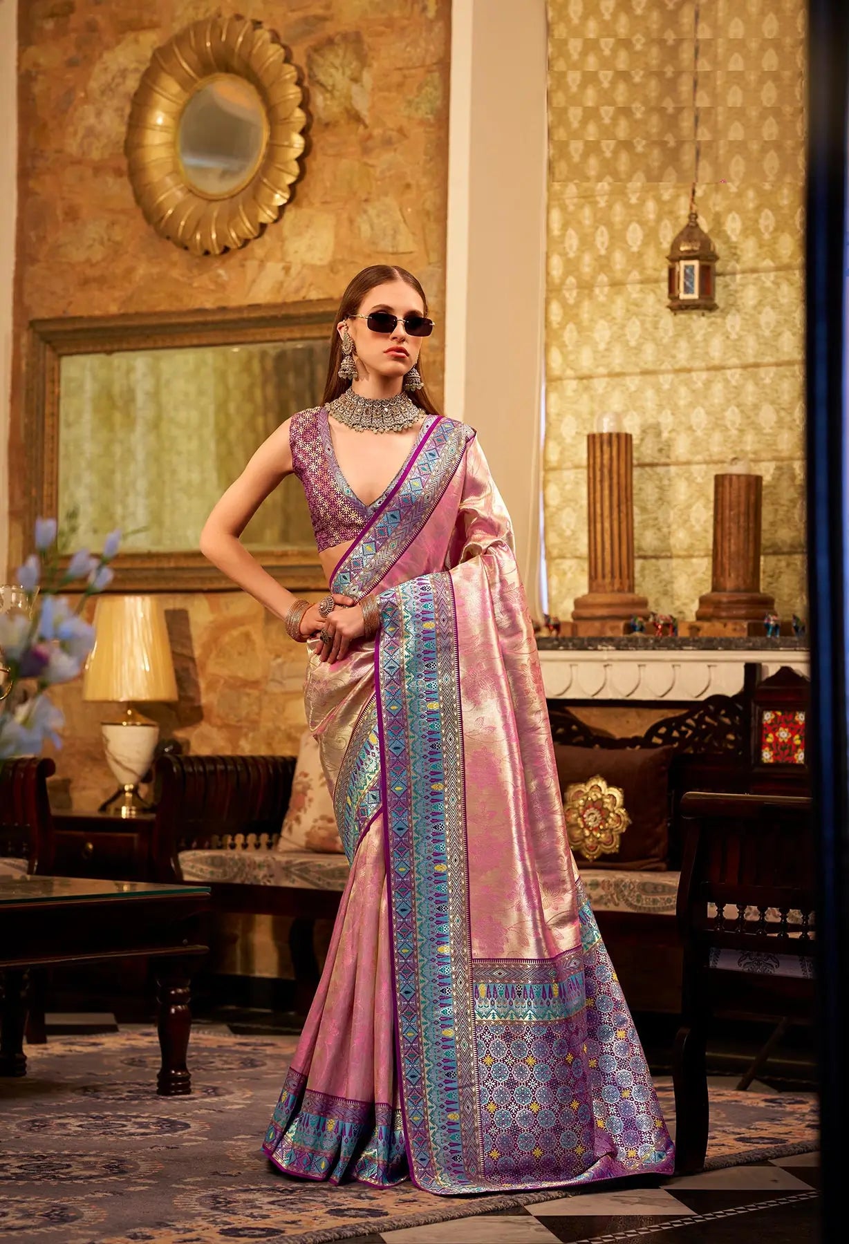 Pink Tissue Silk Saree with Designer Contrast Border