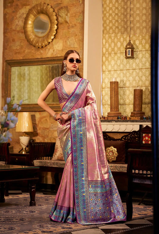Pink Tissue Silk Saree with Designer Contrast Border