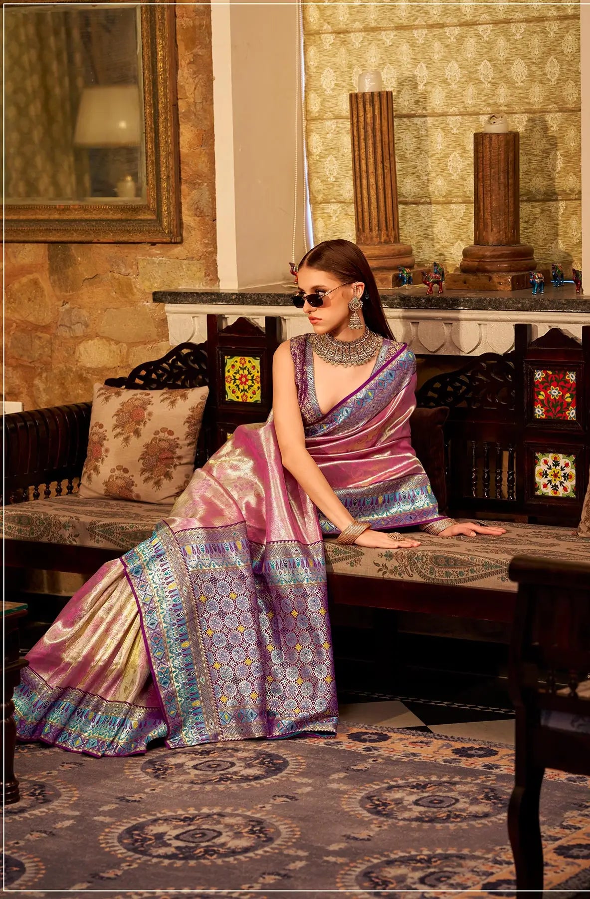 Pink Tissue Silk Saree with Designer Contrast Border