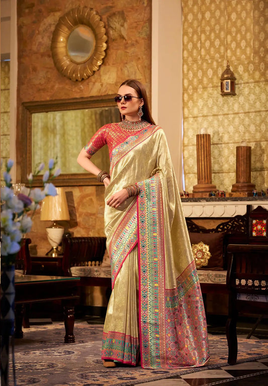 Beige Tissue Silk Saree with Designer Contrast Border
