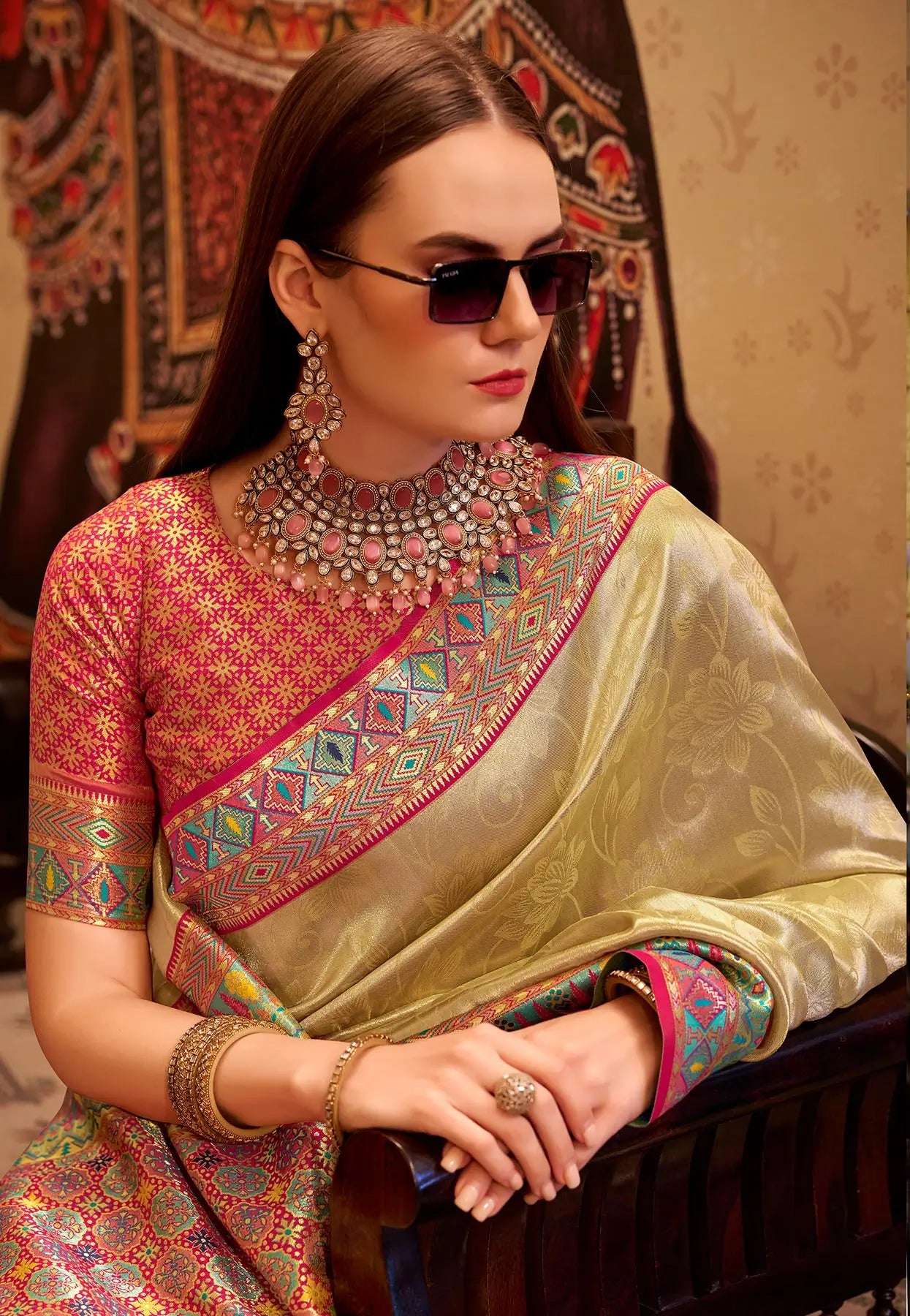 Beige Tissue Silk Saree with Designer Contrast Border