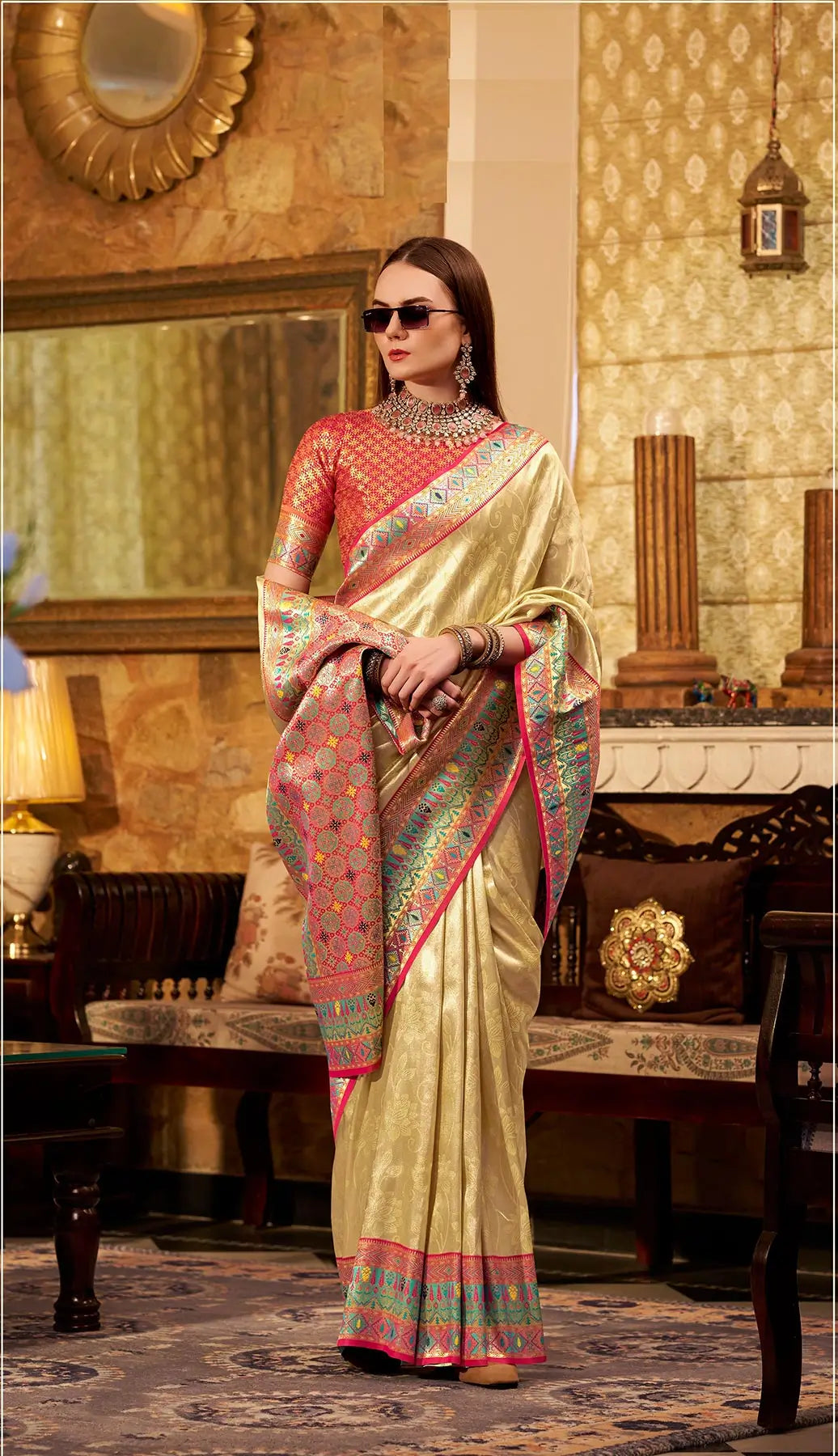 Beige Tissue Silk Saree with Designer Contrast Border