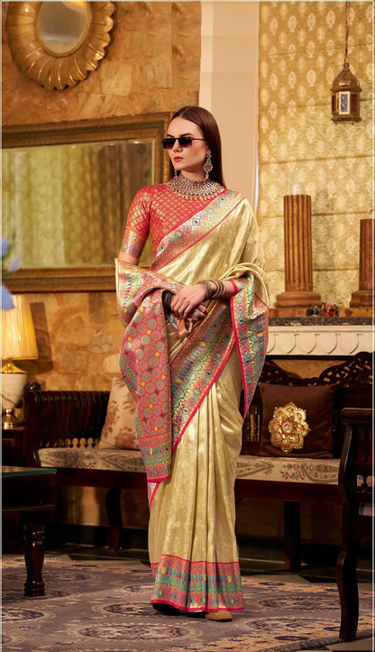 Beige Tissue Silk Saree with Designer Contrast Border