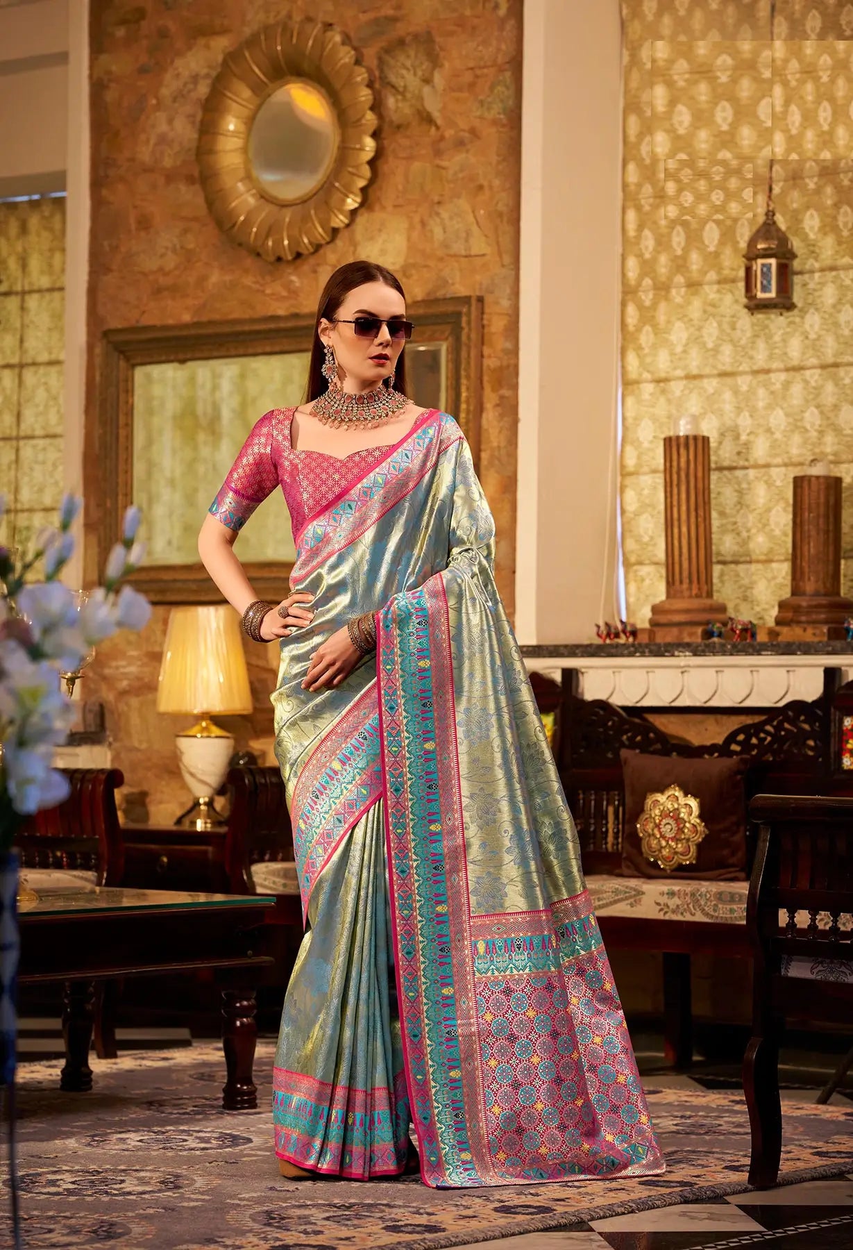 Sky Blue  Tissue Silk Saree with Designer Contrast Border