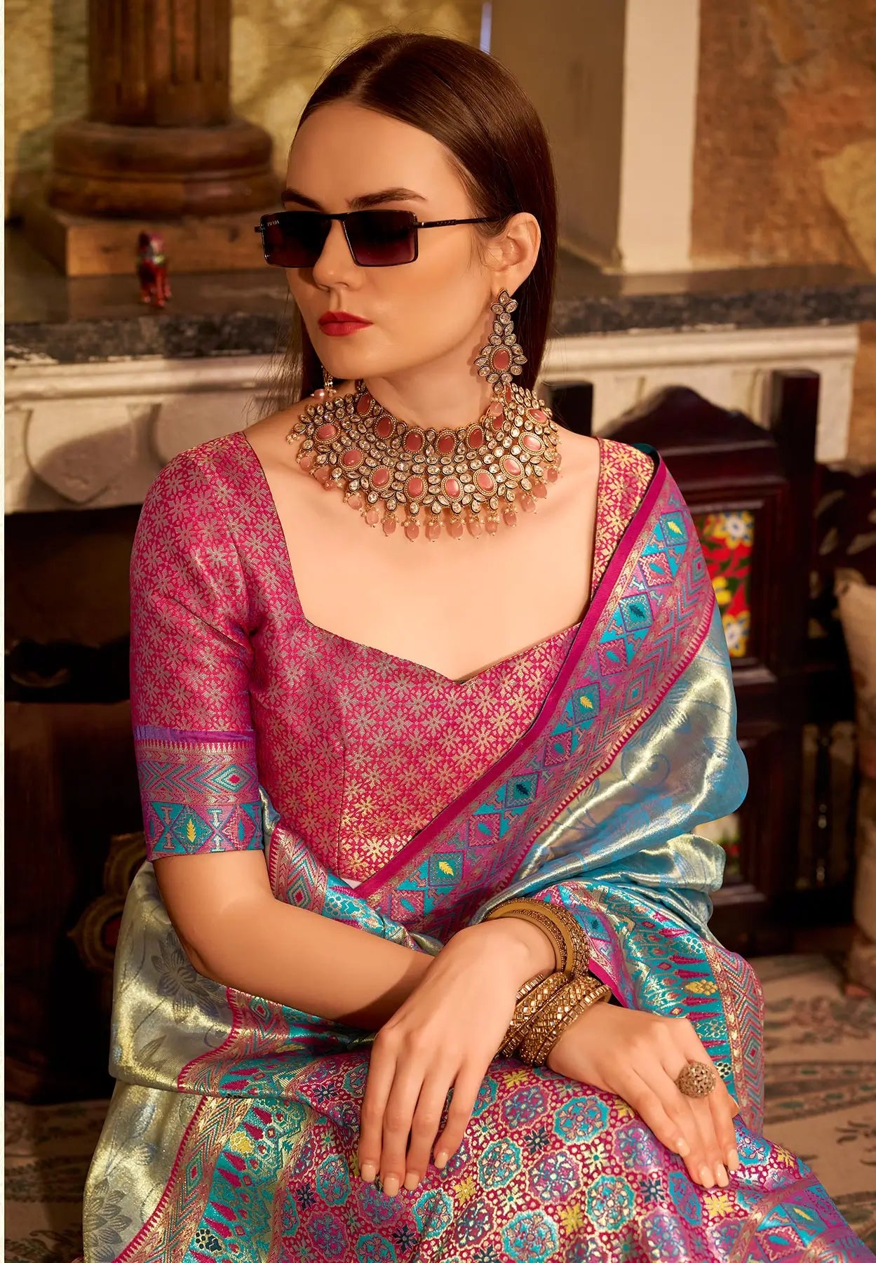 Sky Blue  Tissue Silk Saree with Designer Contrast Border
