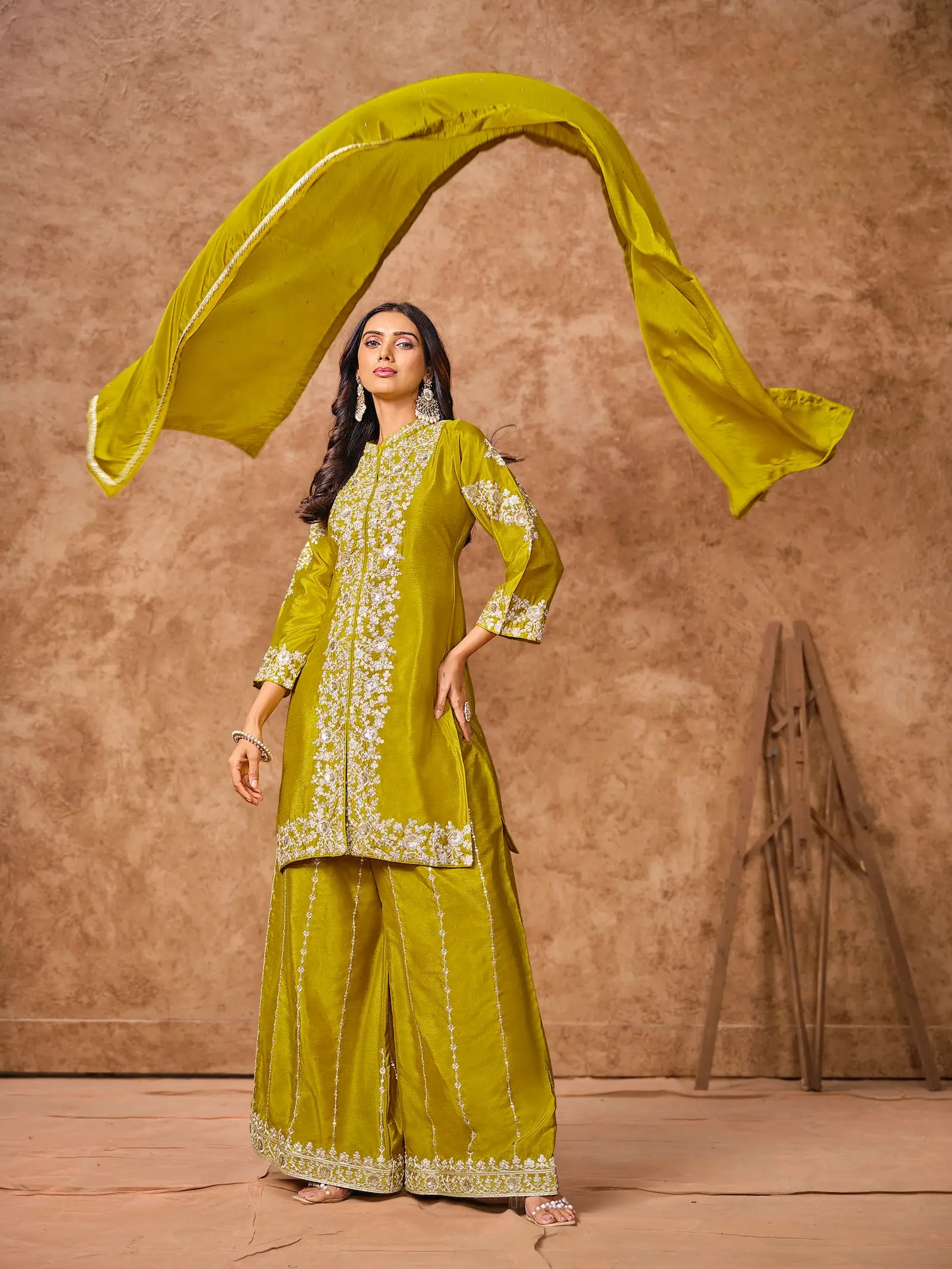 Yellow Chinon Palazzo Salwar Suit With Thread & Sequins Embroidery Work