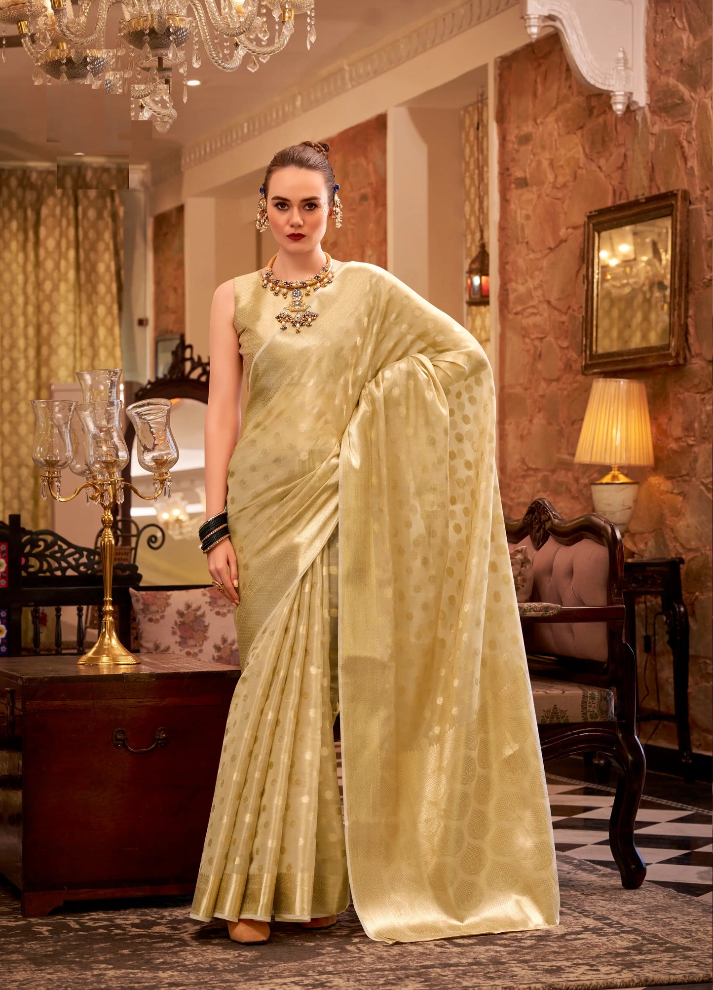 Beige Zari Tissue Handloom Silk Saree