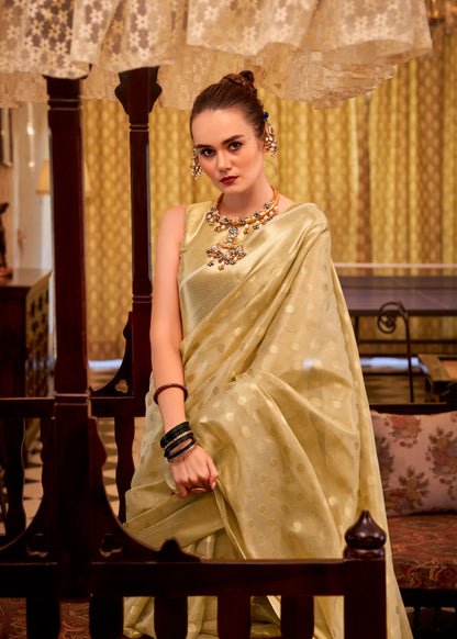 Beige Zari Tissue Handloom Silk Saree