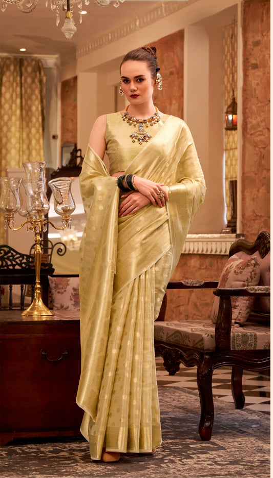 Beige Zari Tissue Handloom Silk Saree