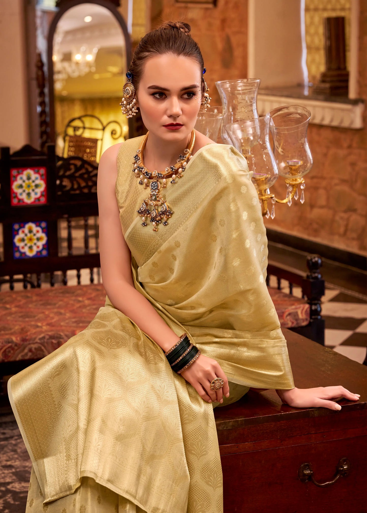 Beige Zari Tissue Handloom Silk Saree