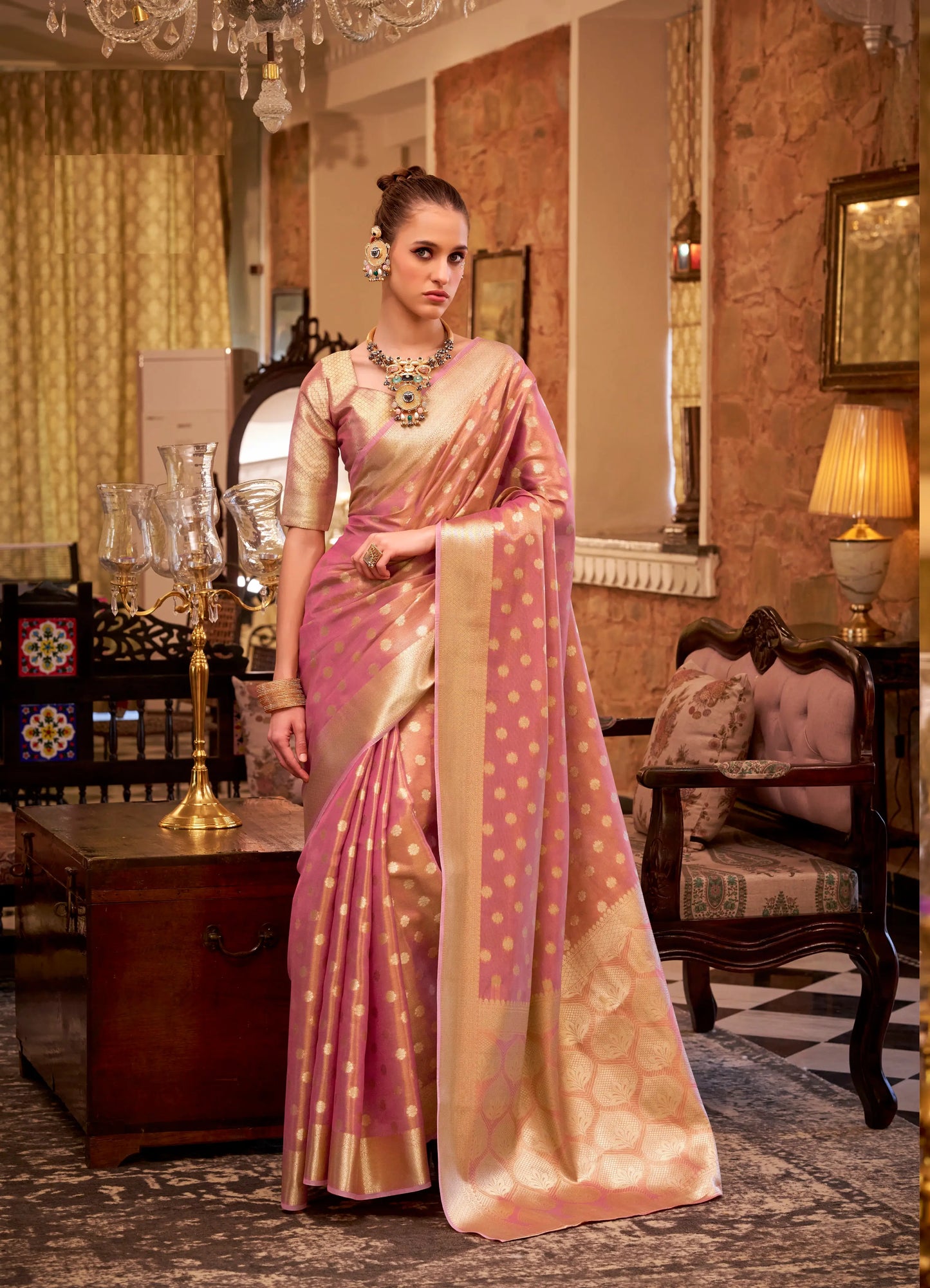 Peach Zari Tissue Handloom Silk Saree