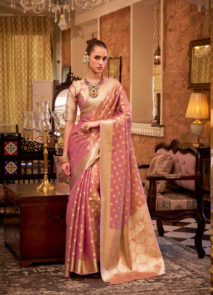 Peach Zari Tissue Handloom Silk Saree