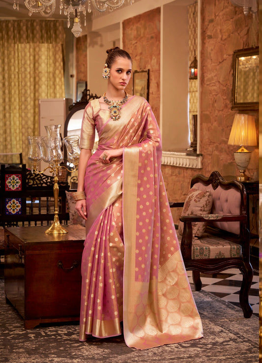 Peach Zari Tissue Handloom Silk Saree