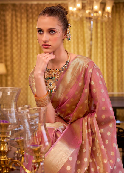 Peach Zari Tissue Handloom Silk Saree