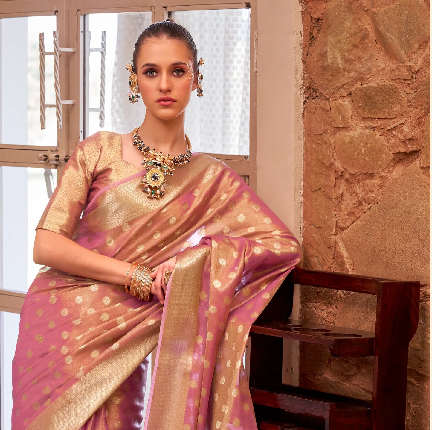 Peach Zari Tissue Handloom Silk Saree