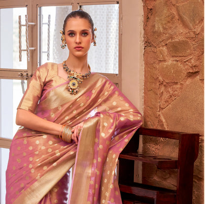 Peach Zari Tissue Handloom Silk Saree