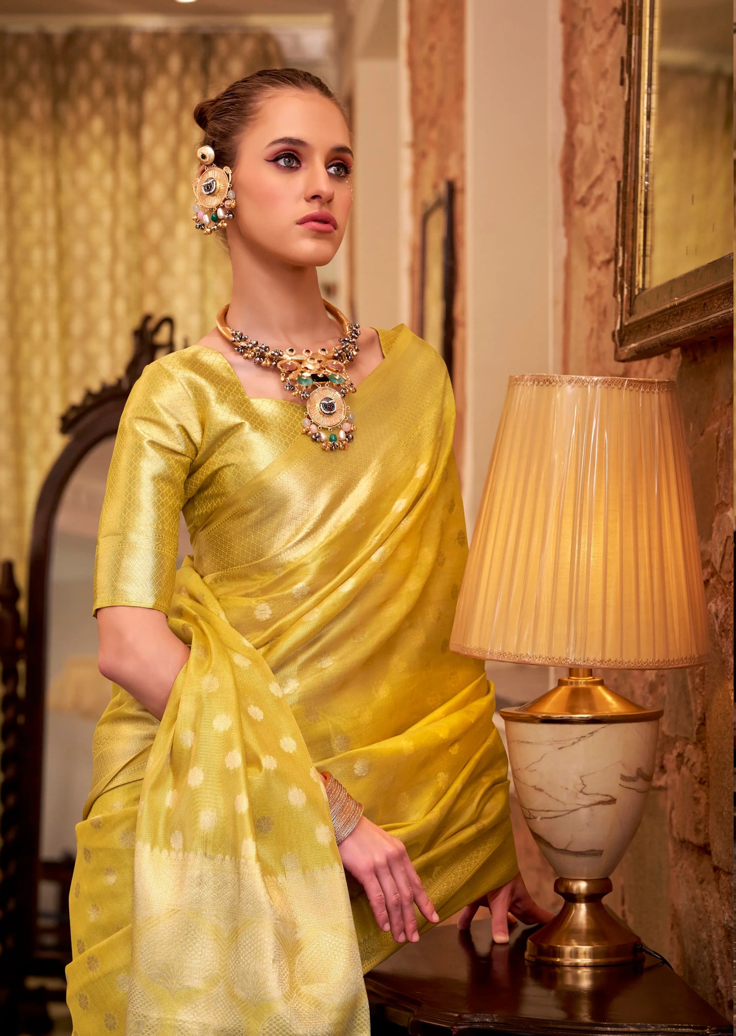 Yellow Zari Tissue Handloom Silk Saree