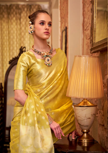 Yellow Zari Tissue Handloom Silk Saree