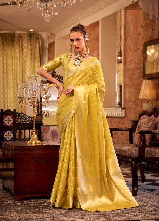 Yellow Zari Tissue Handloom Silk Saree