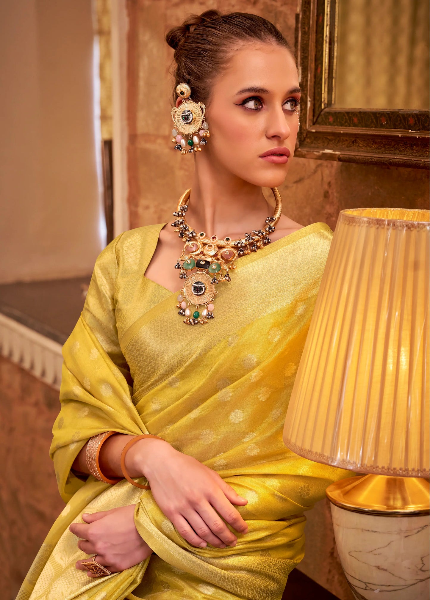 Yellow Zari Tissue Handloom Silk Saree