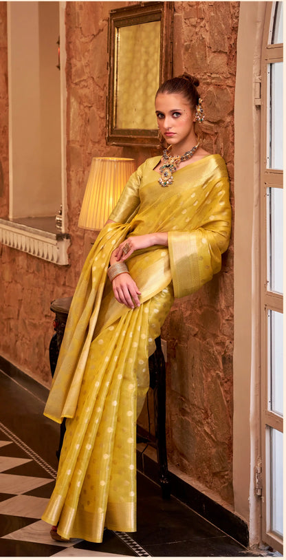 Yellow Zari Tissue Handloom Silk Saree