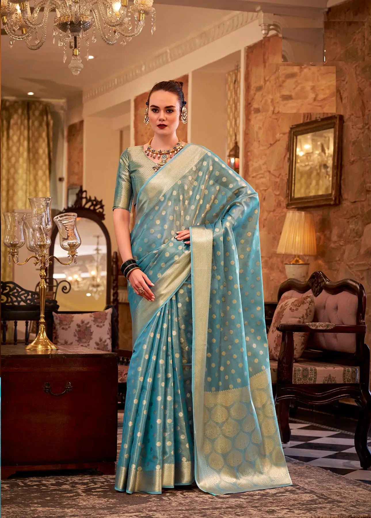 Aqua Blue  Zari Tissue Handloom Silk Saree