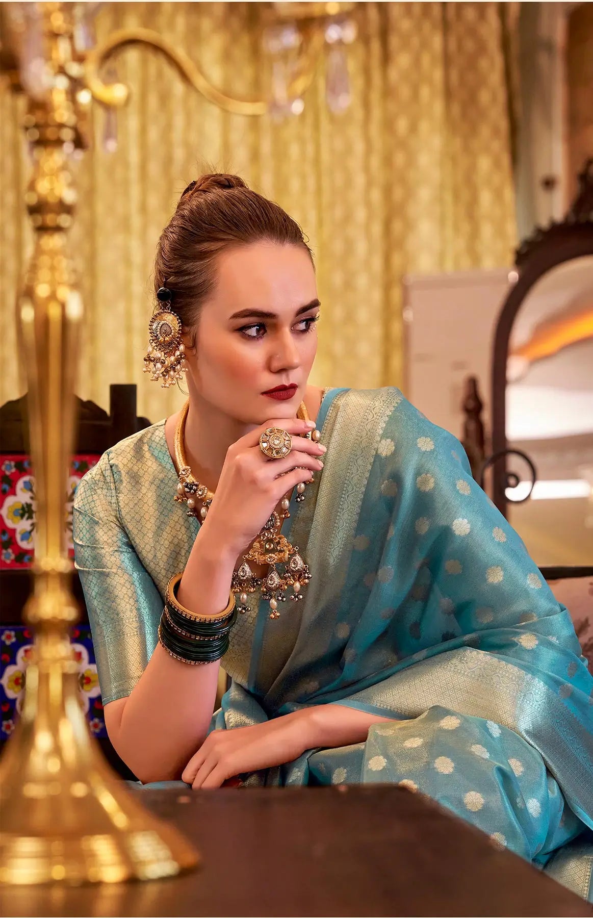 Aqua Blue  Zari Tissue Handloom Silk Saree