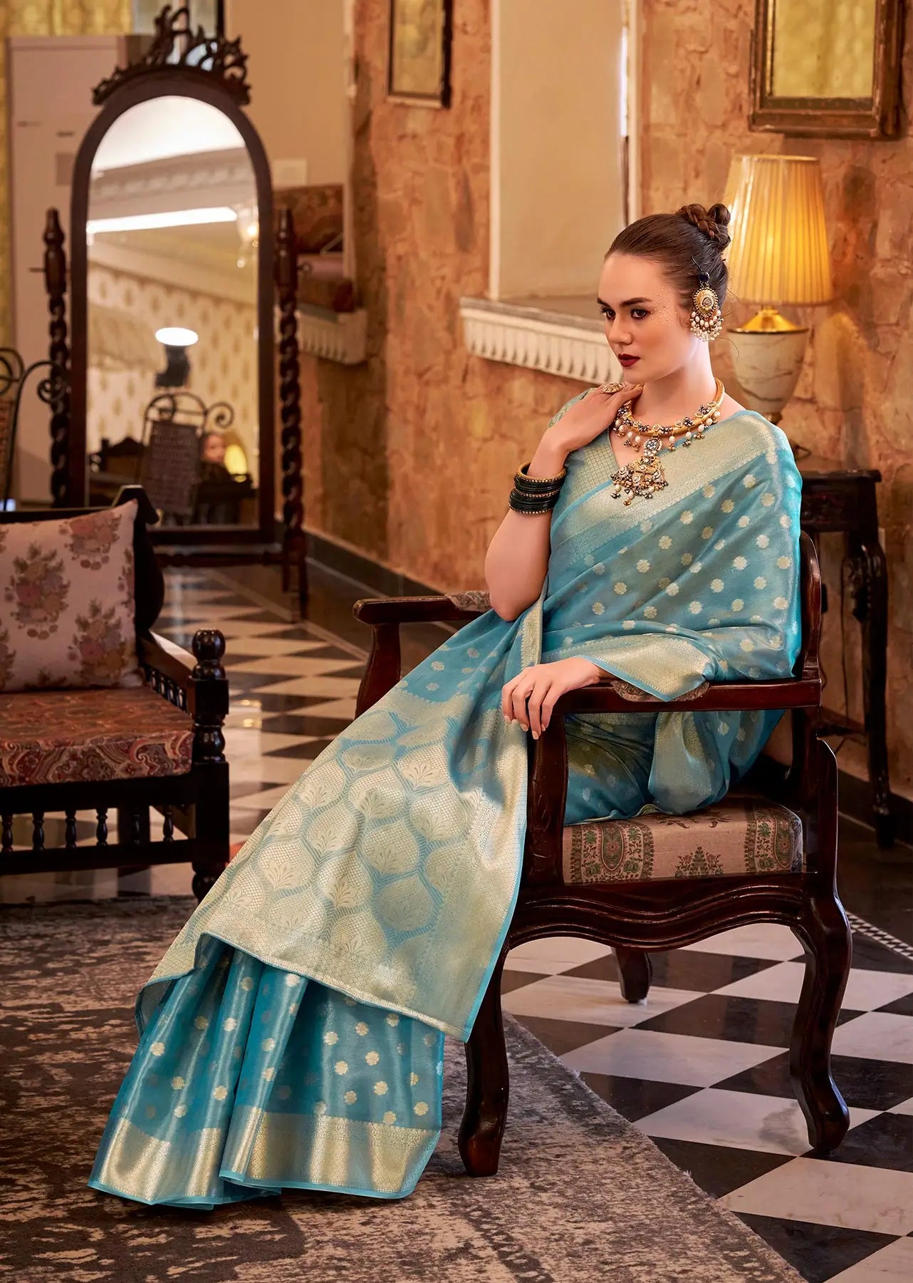 Aqua Blue  Zari Tissue Handloom Silk Saree