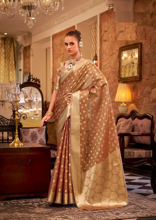 Brown  Zari Tissue Handloom Silk Saree