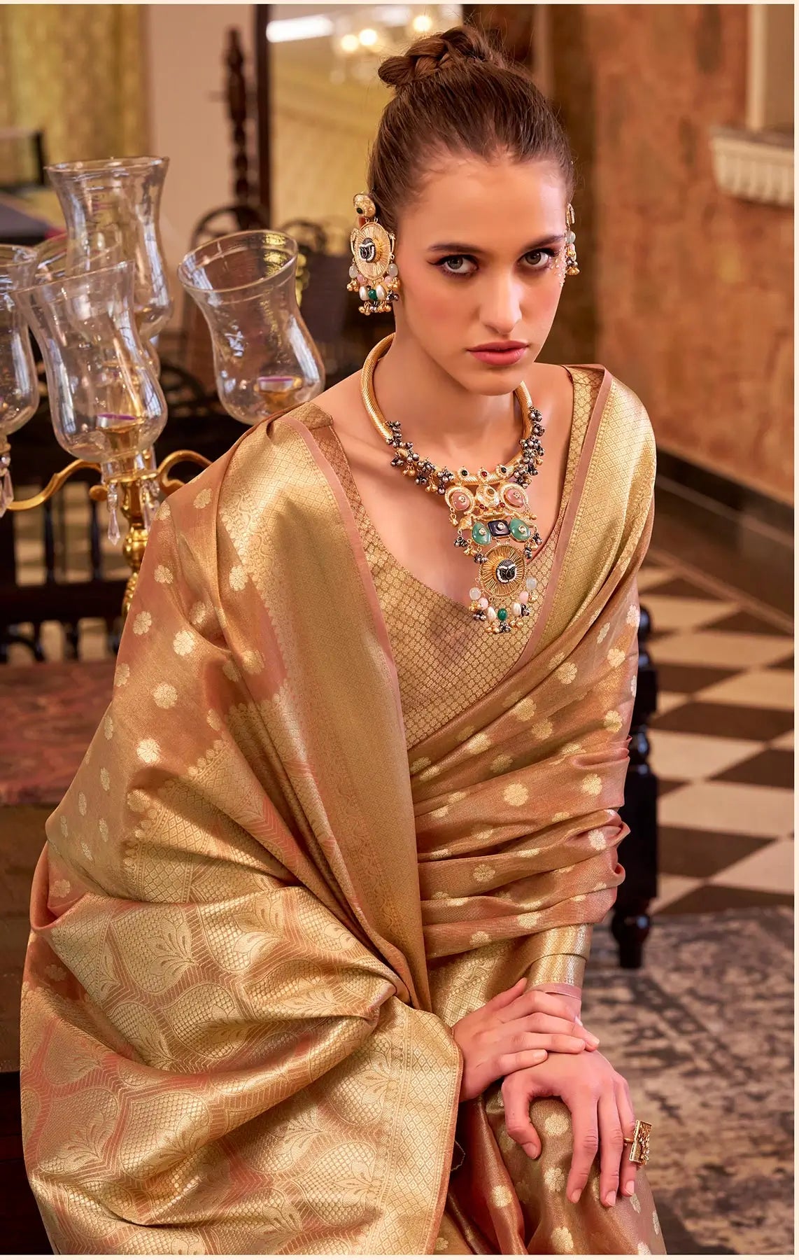 Brown  Zari Tissue Handloom Silk Saree
