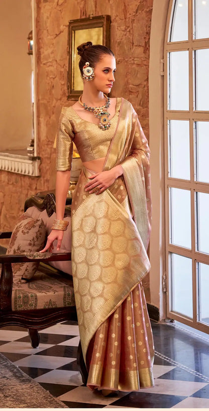 Brown  Zari Tissue Handloom Silk Saree
